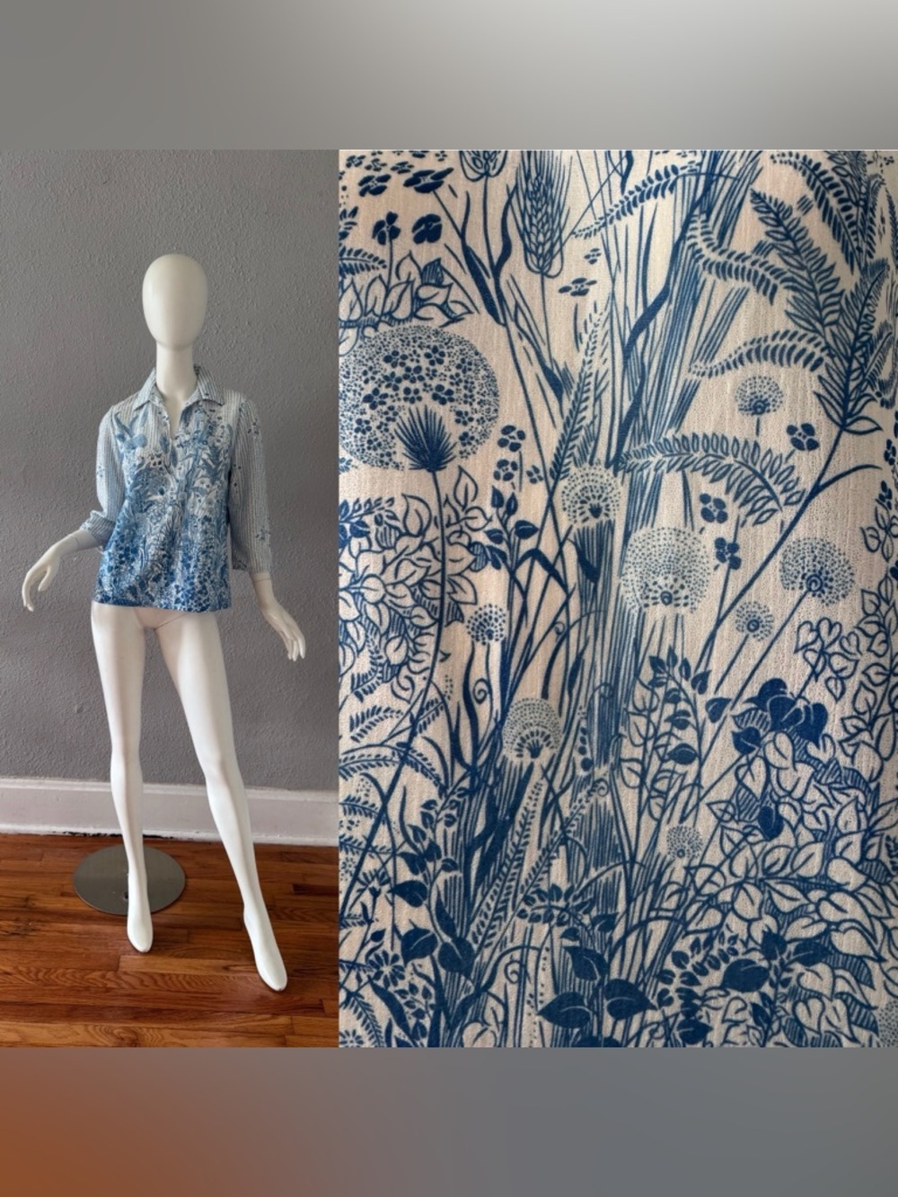 Vintage 70s White Blue Floral Hippie Top Blouse M